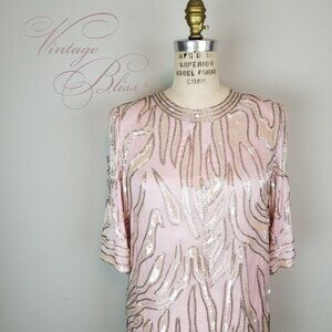 Vintage Scala Pale Pink Silver Glass Beaded 100% Silk Cocktail Blouse * Small